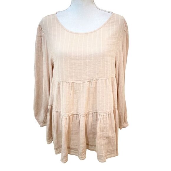 American eagle biege tiered balloon sleeve blouse with back cutout size large - Picture 1 of 12